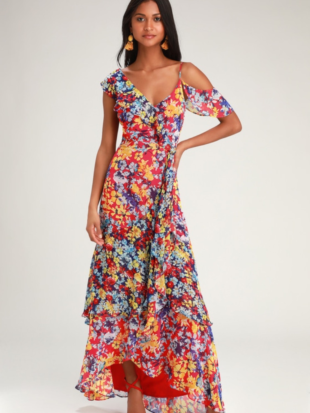 Lulus Radiant Ruby Red Floral Print Chiffon Maxi Dress - Size XS